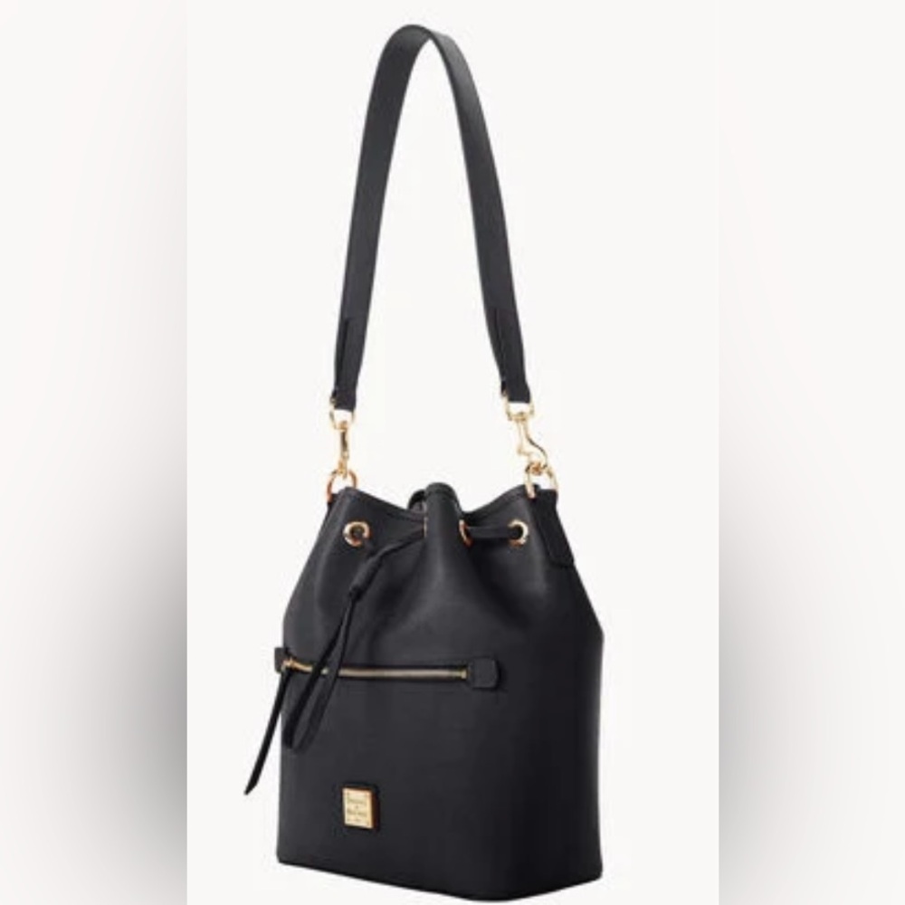 Dooney & Bourke Saffiano Drawstring Black Leather Bucket Bag - Picture 2 of 4
